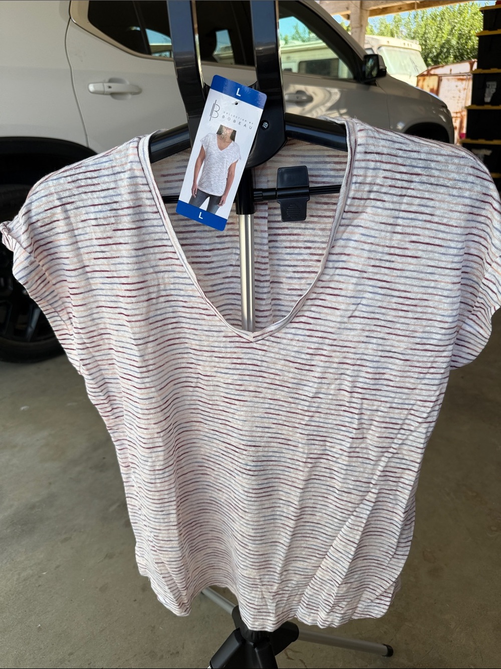 bobeau Striped V-Neck Short Sleeve Tee in White & Red